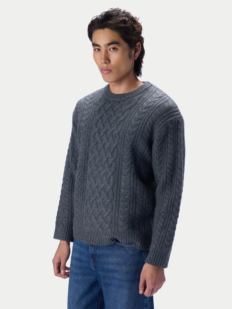 Kaschmirpullover mit Aran-Zopfmuster, Rundhals