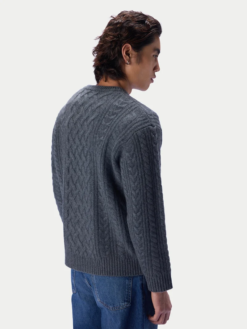 Kaschmirpullover mit Aran-Zopfmuster, Rundhals