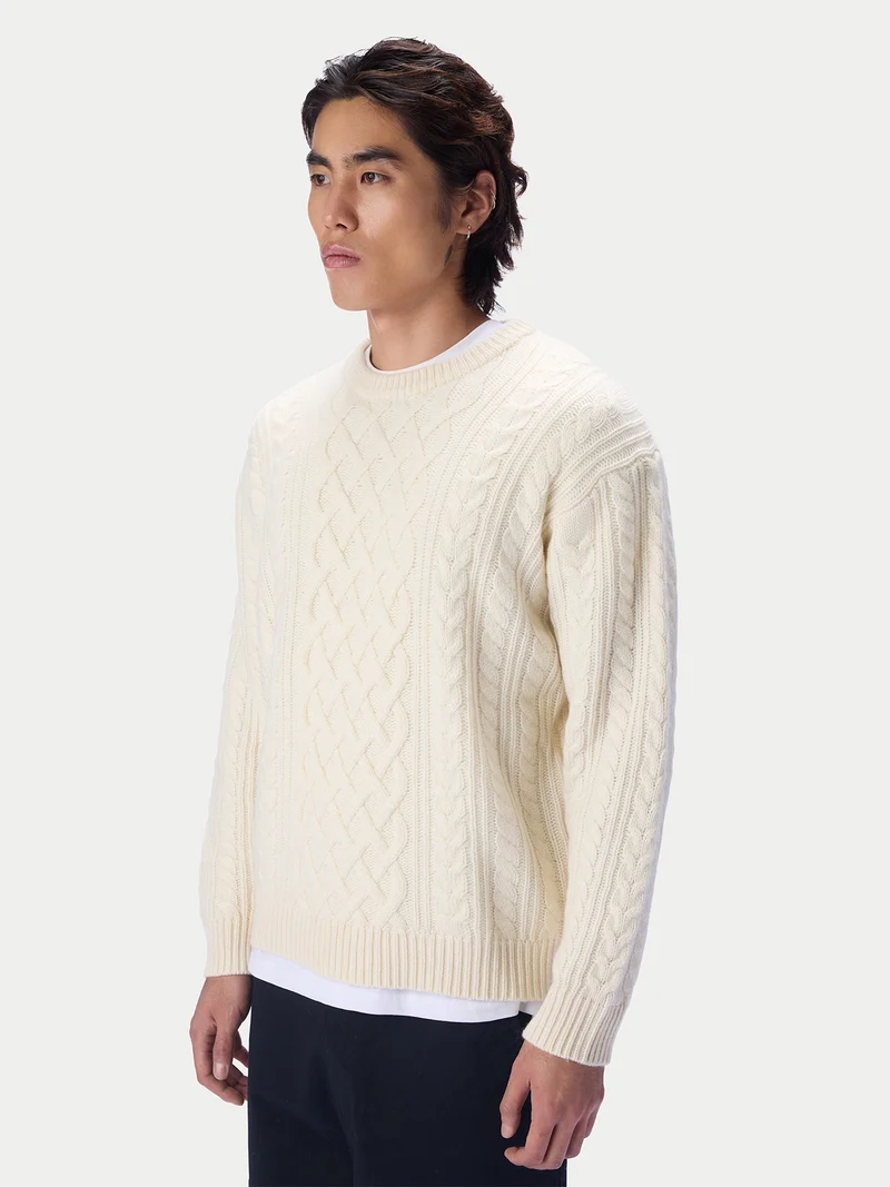 Kaschmirpullover mit Aran-Zopfmuster, Rundhals