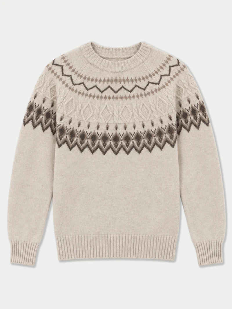 Kaschmirpullover mit nordischem Jacquardmuster und Rundhalsausschnitt