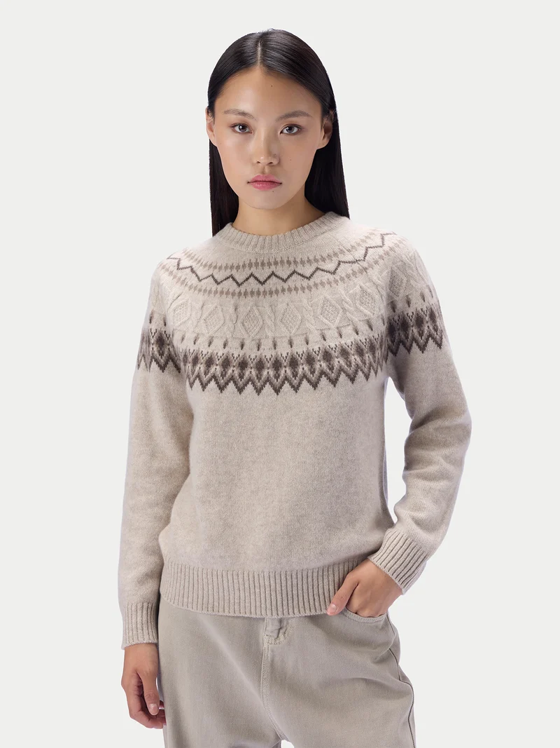 Kaschmirpullover mit nordischem Jacquardmuster und Rundhalsausschnitt