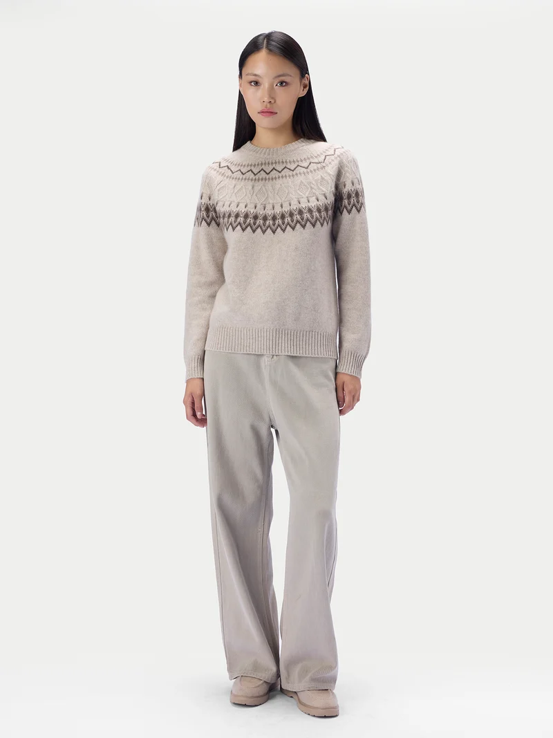 Kaschmirpullover mit nordischem Jacquardmuster und Rundhalsausschnitt