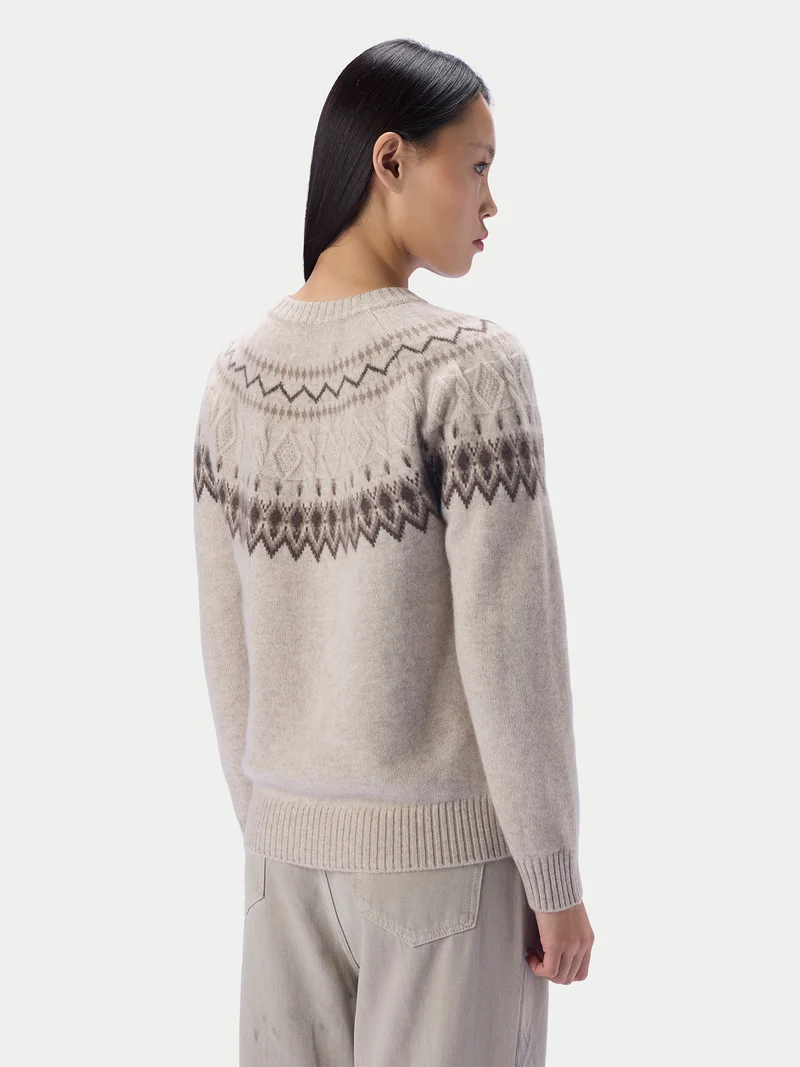 Kaschmirpullover mit nordischem Jacquardmuster und Rundhalsausschnitt
