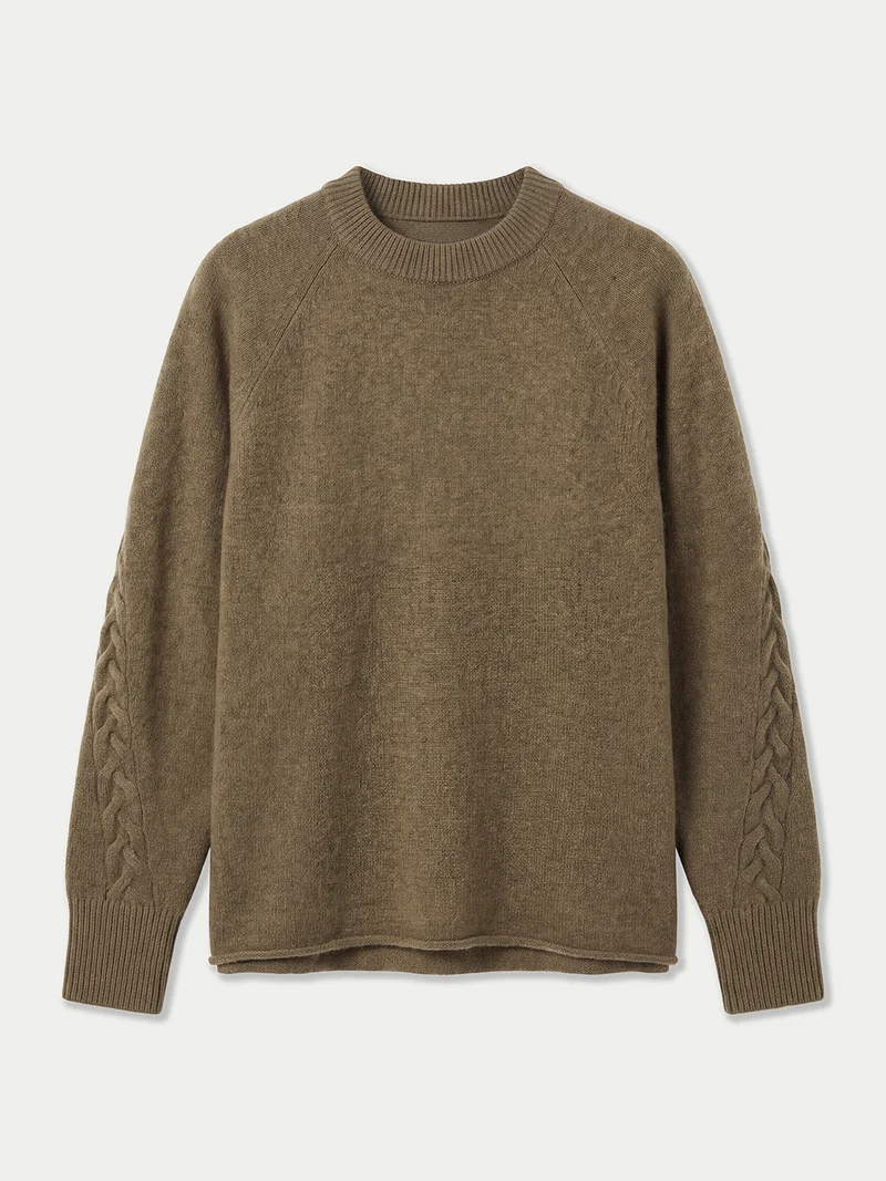 Kaschmirpullover mit Zopf-Raglanärmeln und Rundhalsausschnitt