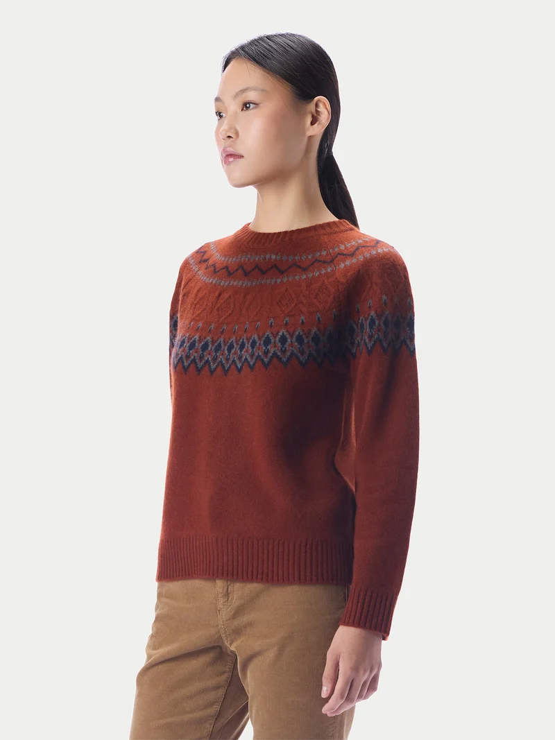 Kaschmirpullover mit nordischem Jacquardmuster und Rundhalsausschnitt