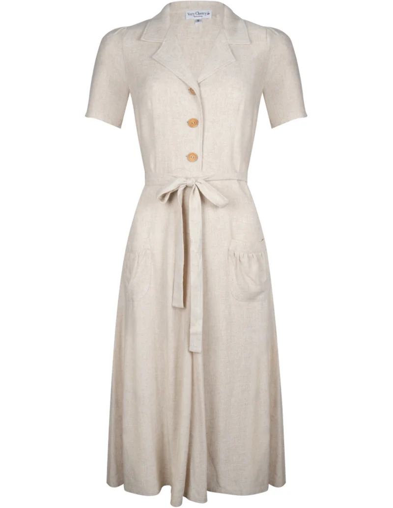 Hemdblusenkleid 40's ,Revers Dress Midi ,Linen-Natur