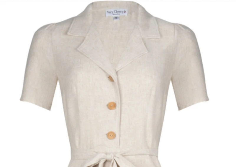 Hemdblusenkleid 40's ,Revers Dress Midi ,Linen-Natur