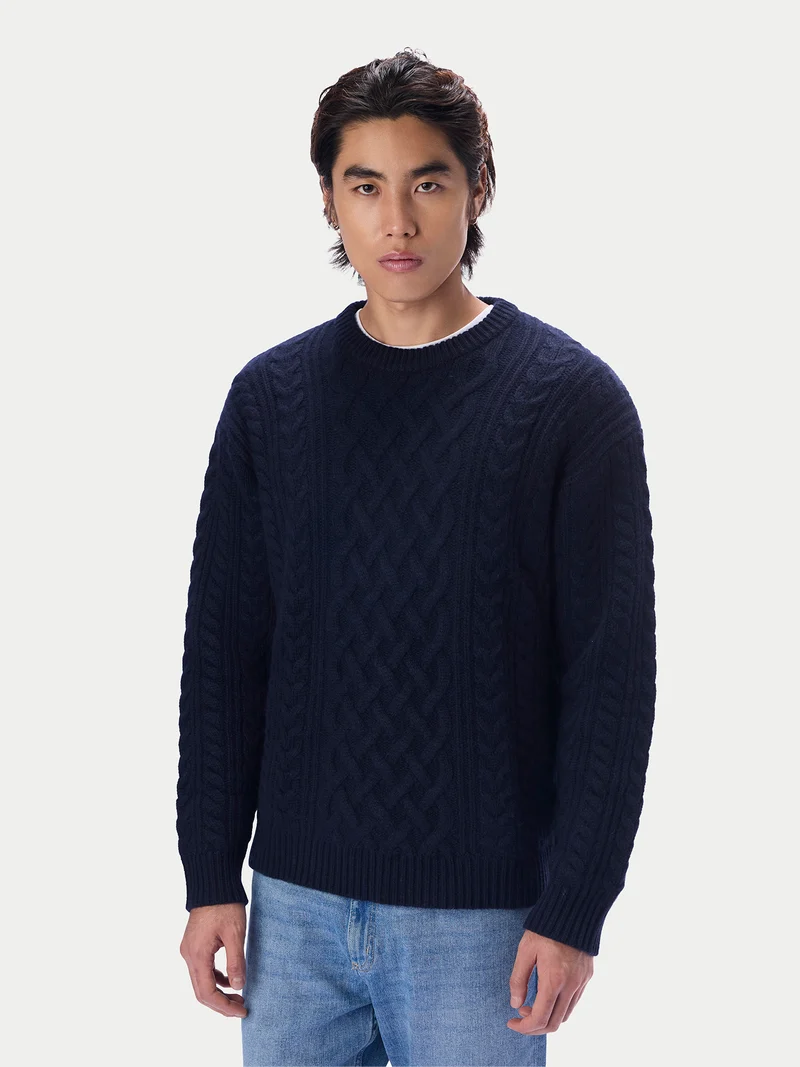Kaschmirpullover mit Aran-Zopfmuster, Rundhals