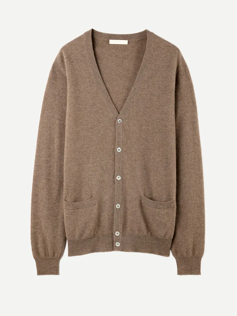 Naturfarbene Basic V-Ausschnitt Kaschmirstrickjacke mit Knöpfen