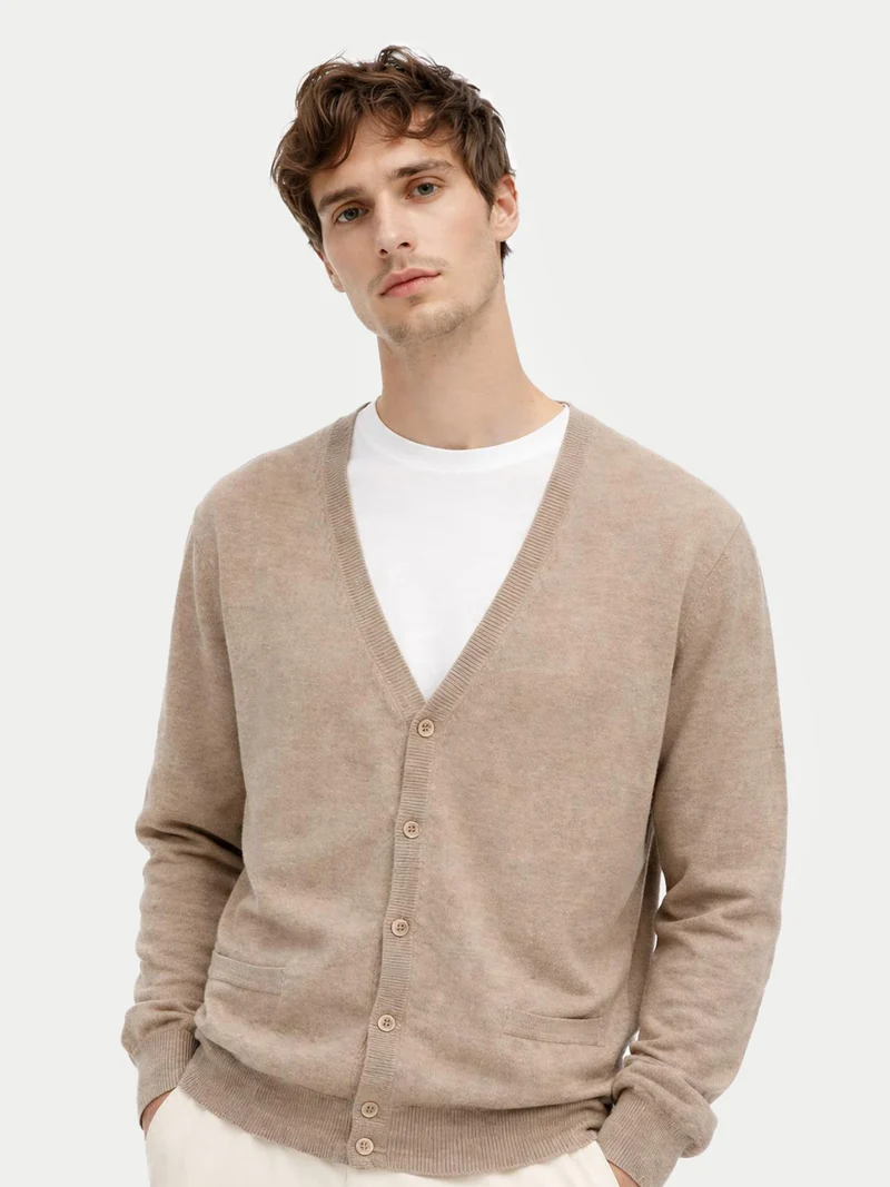 Naturfarbene Basic V-Ausschnitt Kaschmirstrickjacke mit Knöpfen