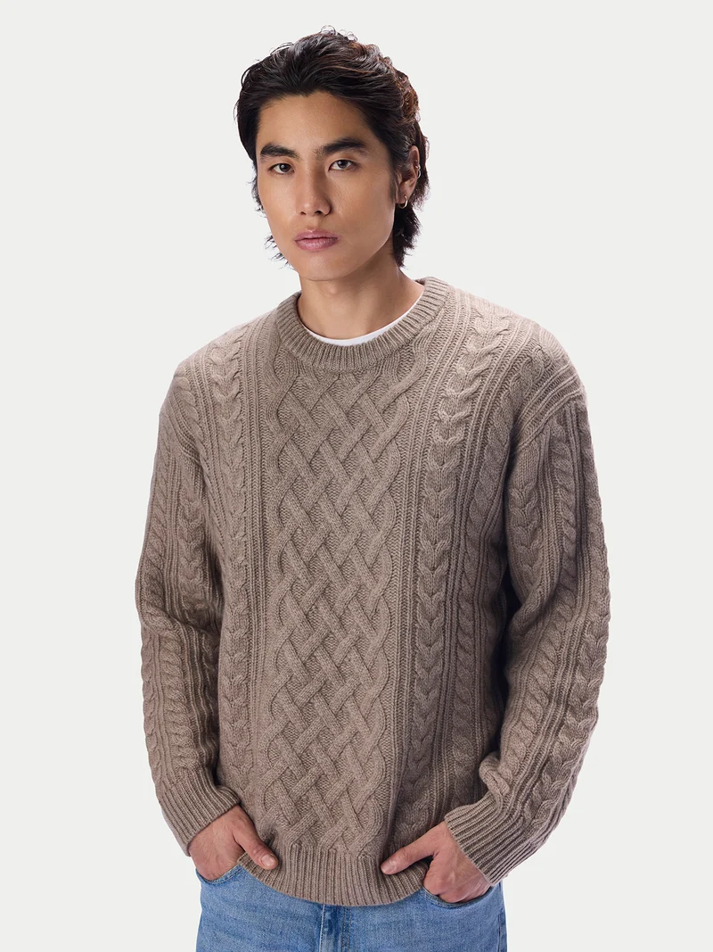 Kaschmirpullover mit Aran-Zopfmuster, Rundhals