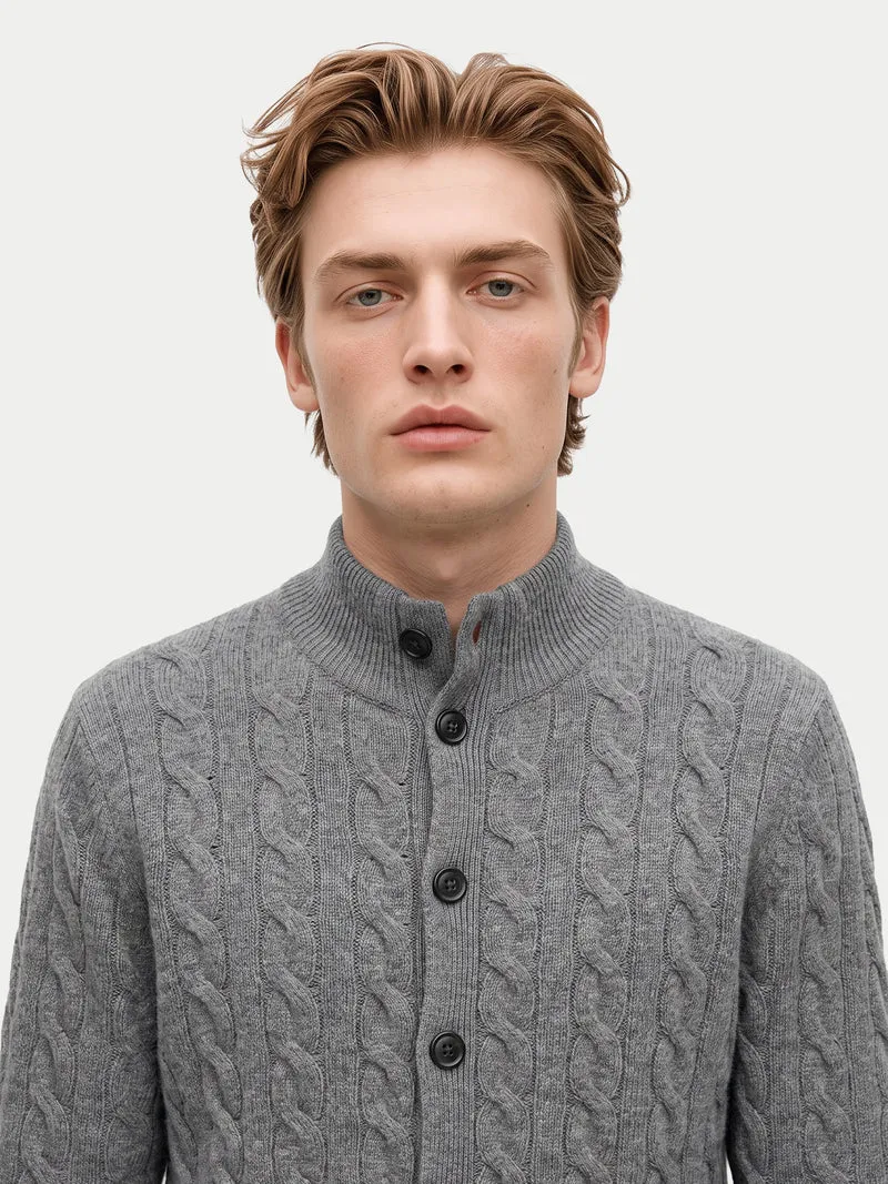 Kaschmir-Strickjacke mit Zopfmuster und hohem Kragen