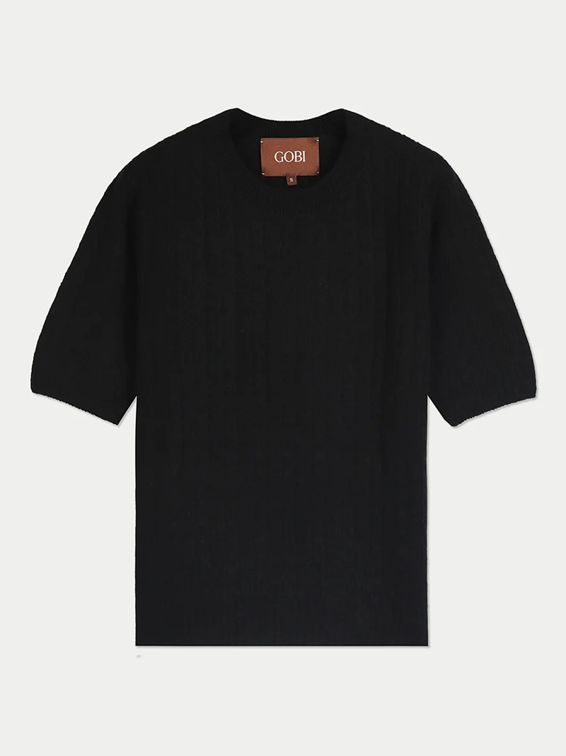 Kaschmir-Pullover mit kurzen Ärmeln und Zopfmuster