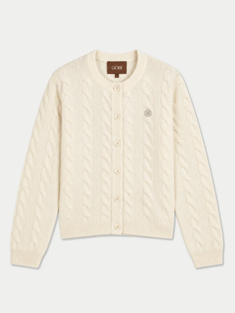 Kaschmir-Strickjacke mit Zopfmuster und Rundhalsausschnitt