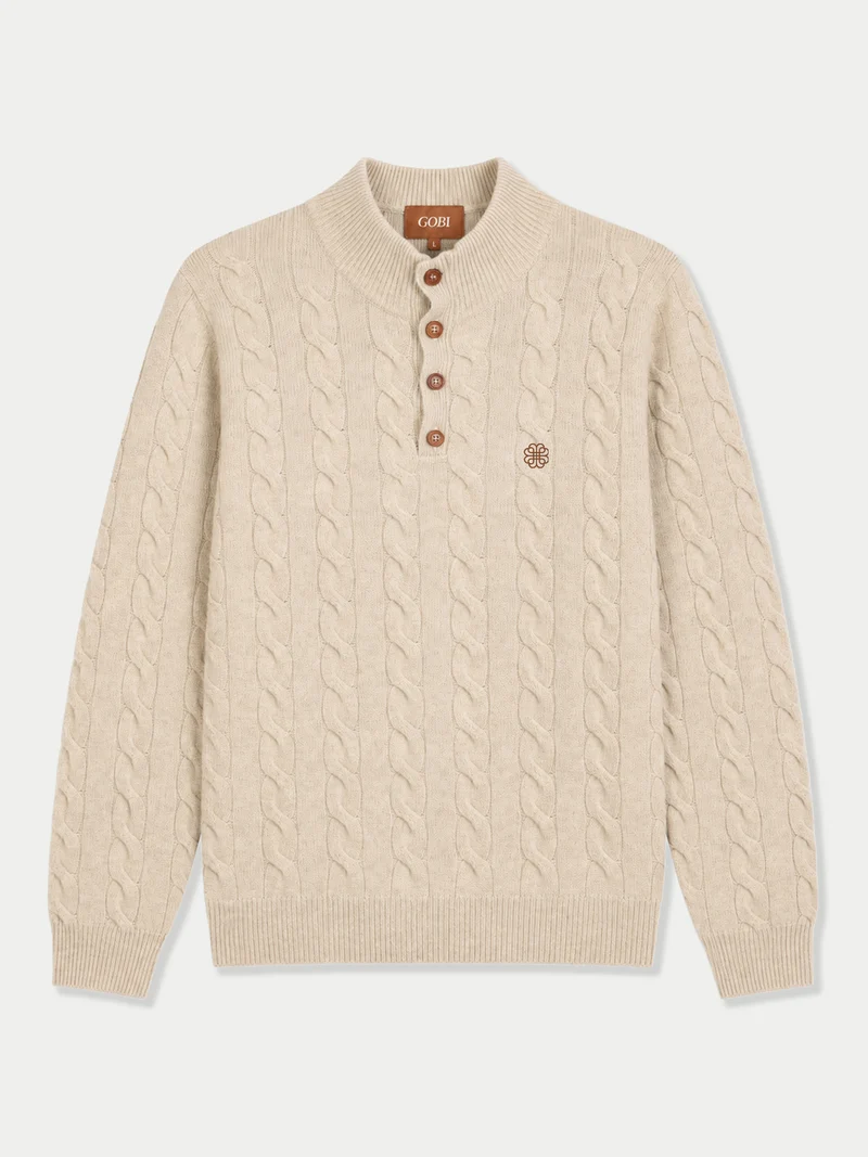 Kaschmir-Pullover mit Zopfmuster und Knopfleiste
