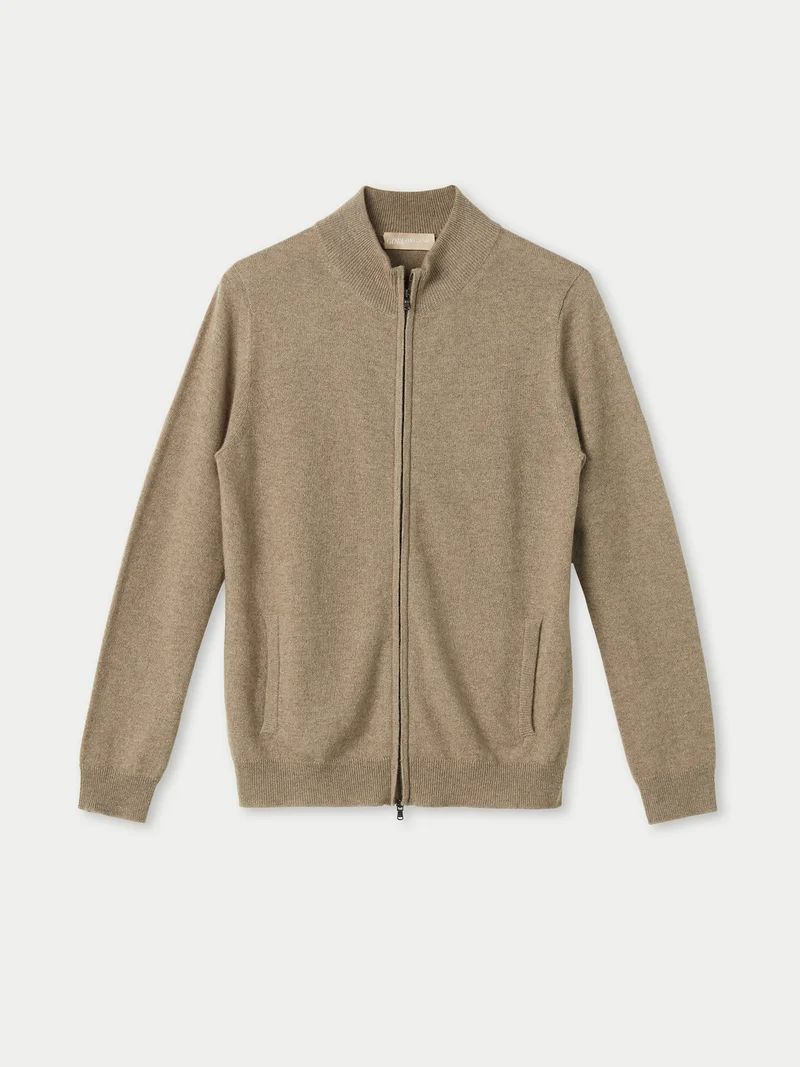 Naturfarbene Basic Kaschmirstrickjacke mit Reißverschluss