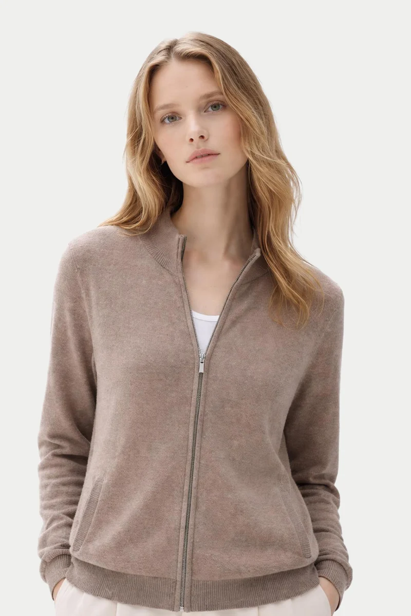 Naturfarbene Basic Kaschmirstrickjacke mit Reißverschluss