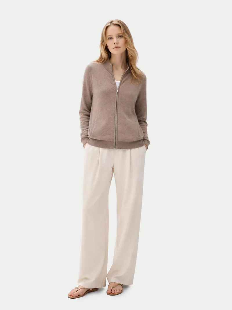 Naturfarbene Basic Kaschmirstrickjacke mit Reißverschluss
