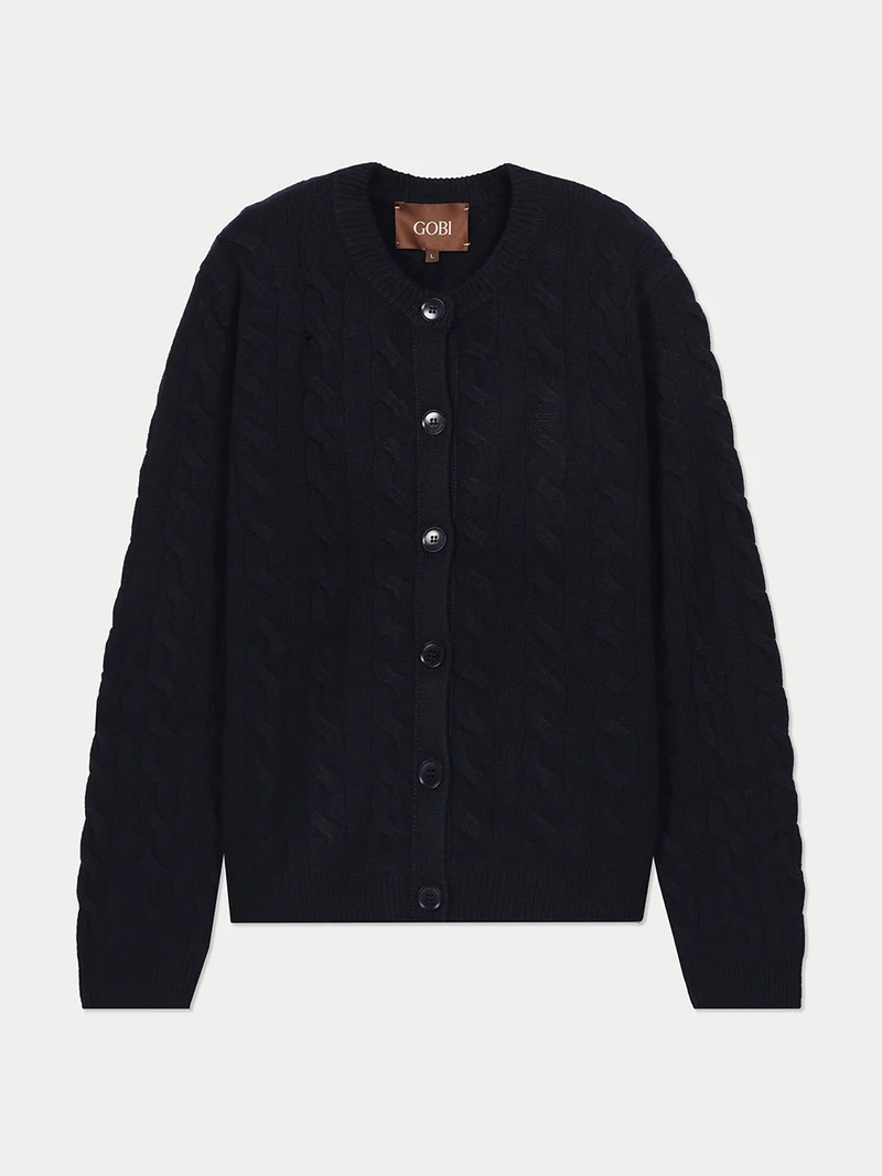 Kaschmir-Strickjacke mit Zopfmuster und Rundhalsausschnitt