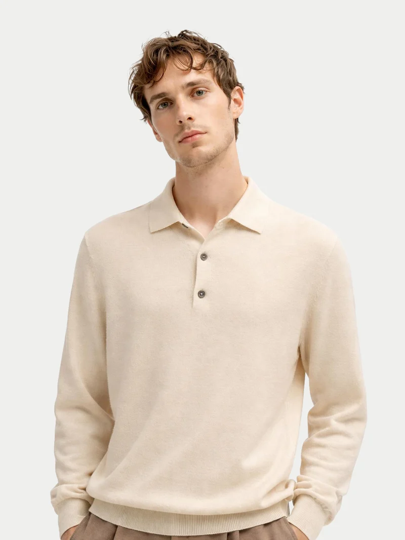 Naturfarbener Basic Kaschmirpullover mit Polokragen