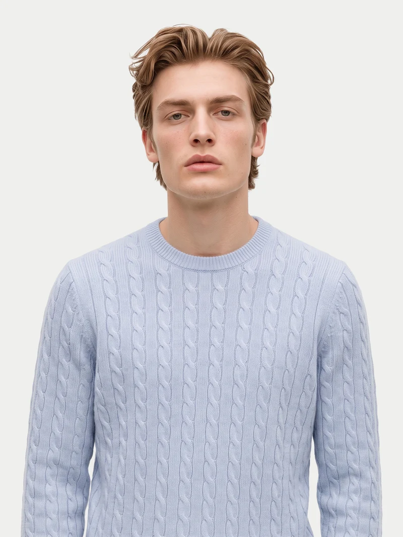 Kaschmir-Pullover mit Zopfmuster und Rundhalsausschnitt