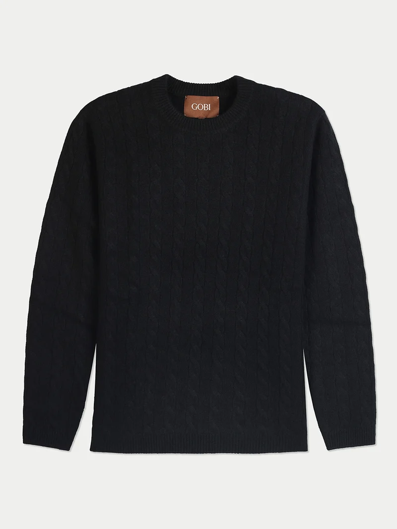 Kaschmir-Pullover mit Zopfmuster und Rundhalsausschnitt