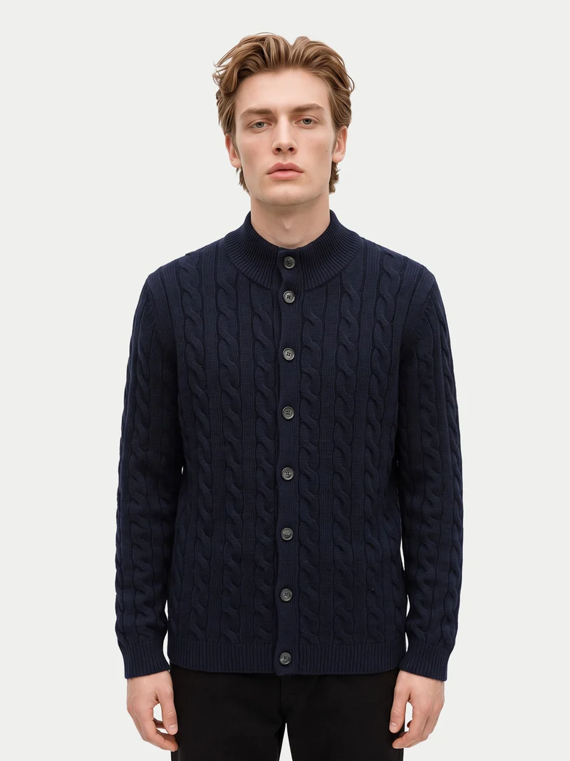 Kaschmir-Strickjacke mit Zopfmuster und hohem Kragen
