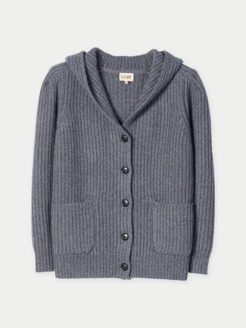 Kaschmir-Cardigan mit Kapuze und breiten Schultern