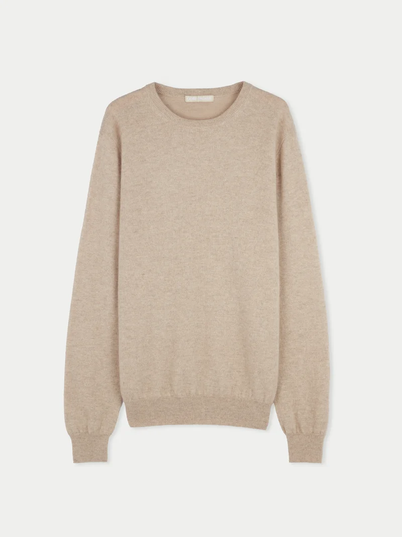 Naturfarbener Basic Kaschmirpullover mit R-Ausschnitt