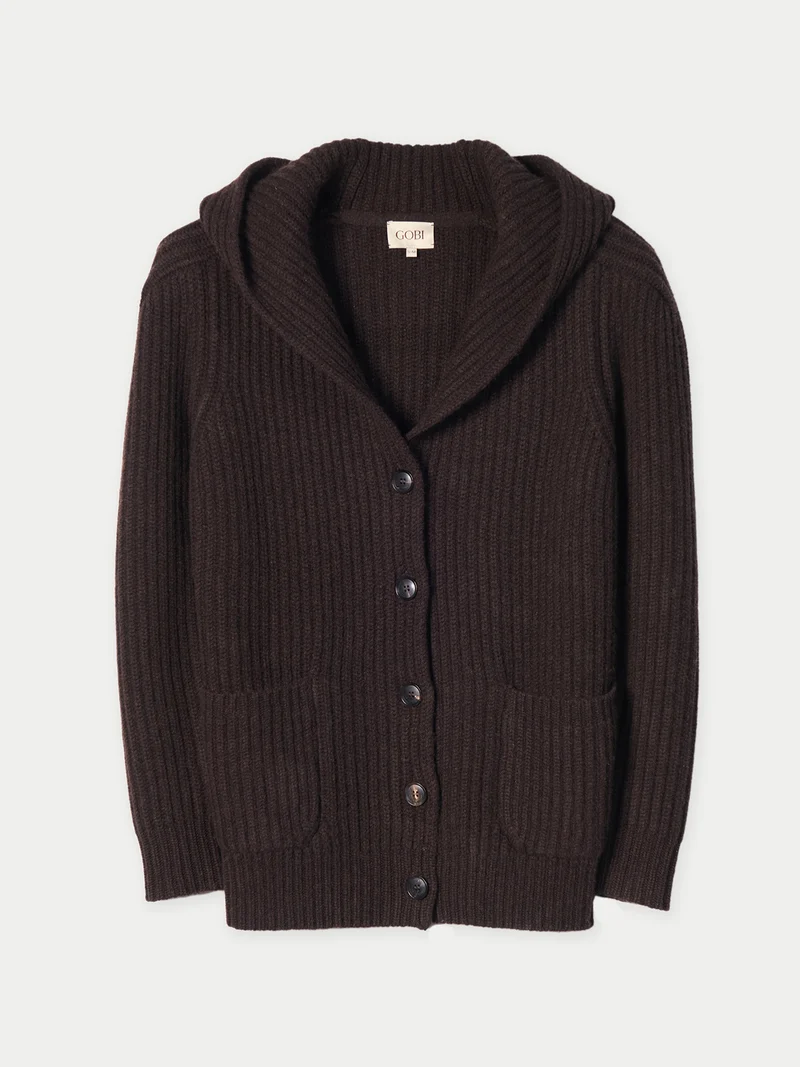 Kaschmir-Cardigan mit Kapuze und breiten Schultern