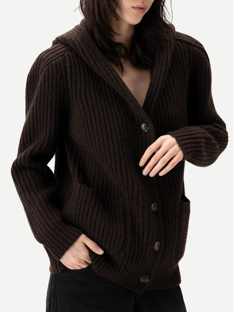 Kaschmir-Cardigan mit Kapuze und breiten Schultern