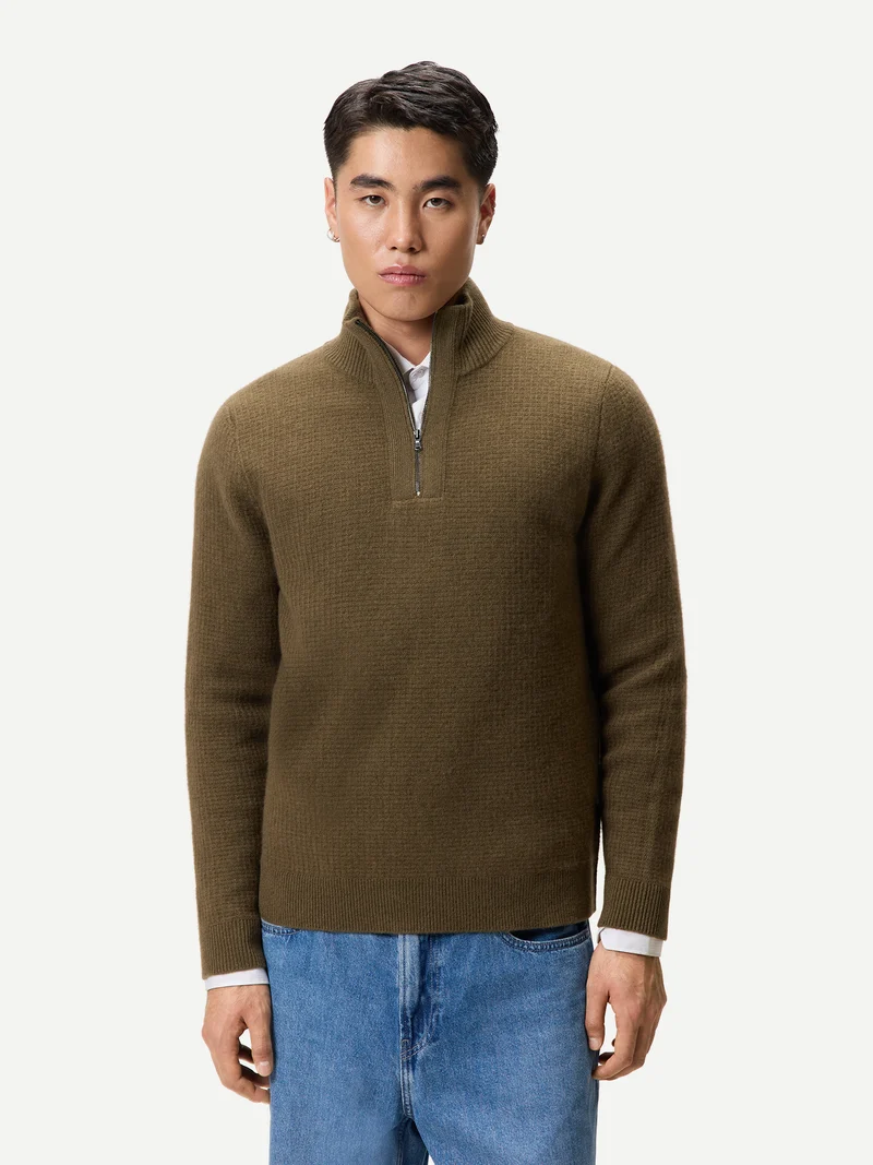 Herren Kaschmir-Pullover im Waffelstrick mit halbem Reißverschluss