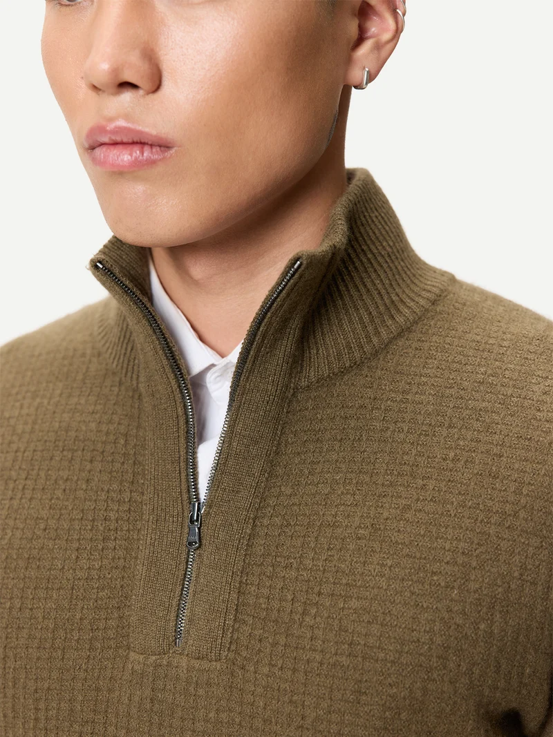 Herren Kaschmir-Pullover im Waffelstrick mit halbem Reißverschluss