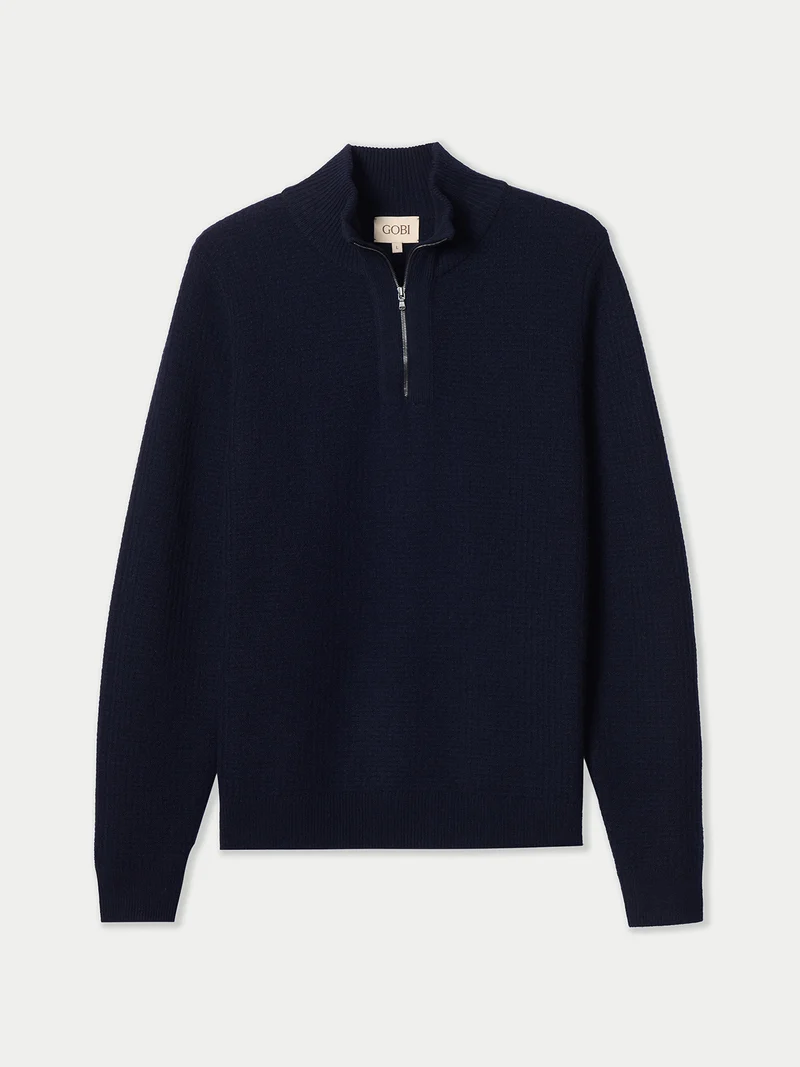 Herren Kaschmir-Pullover im Waffelstrick mit halbem Reißverschluss
