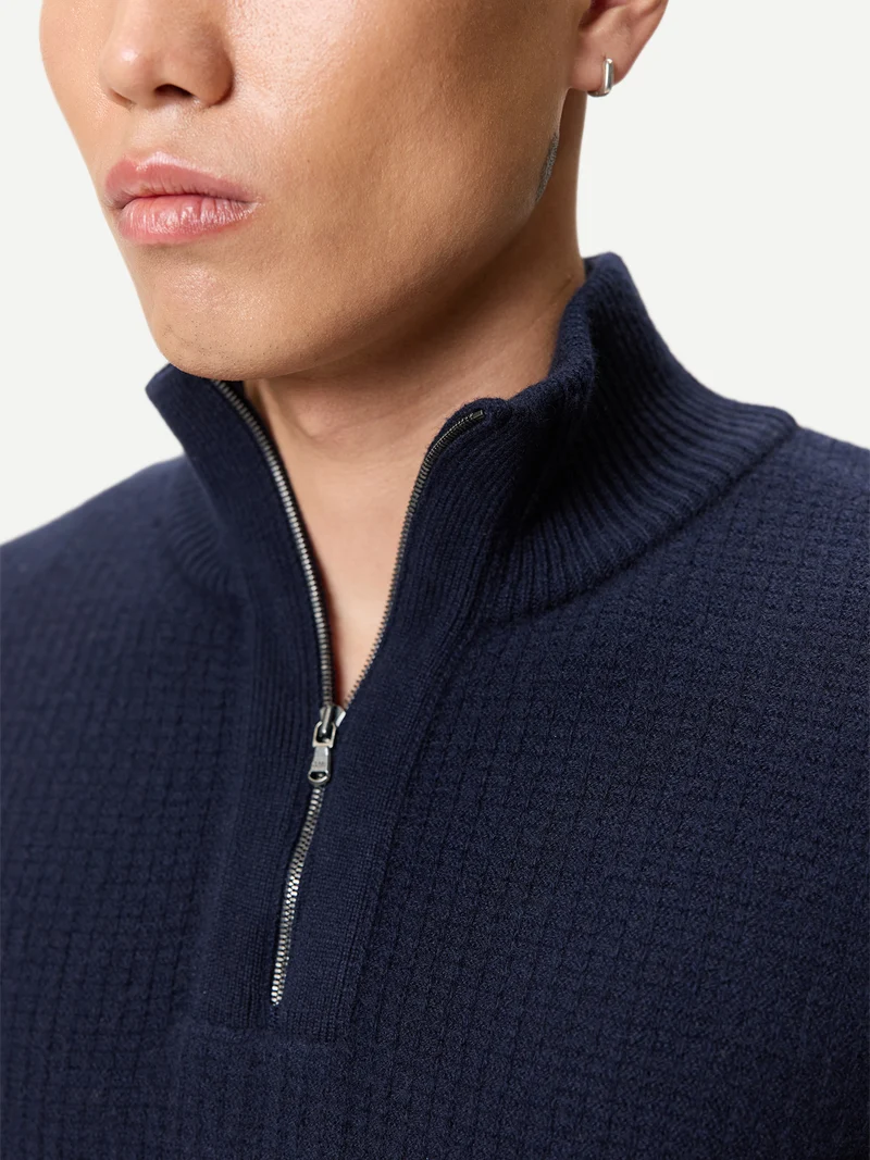 Herren Kaschmir-Pullover im Waffelstrick mit halbem Reißverschluss