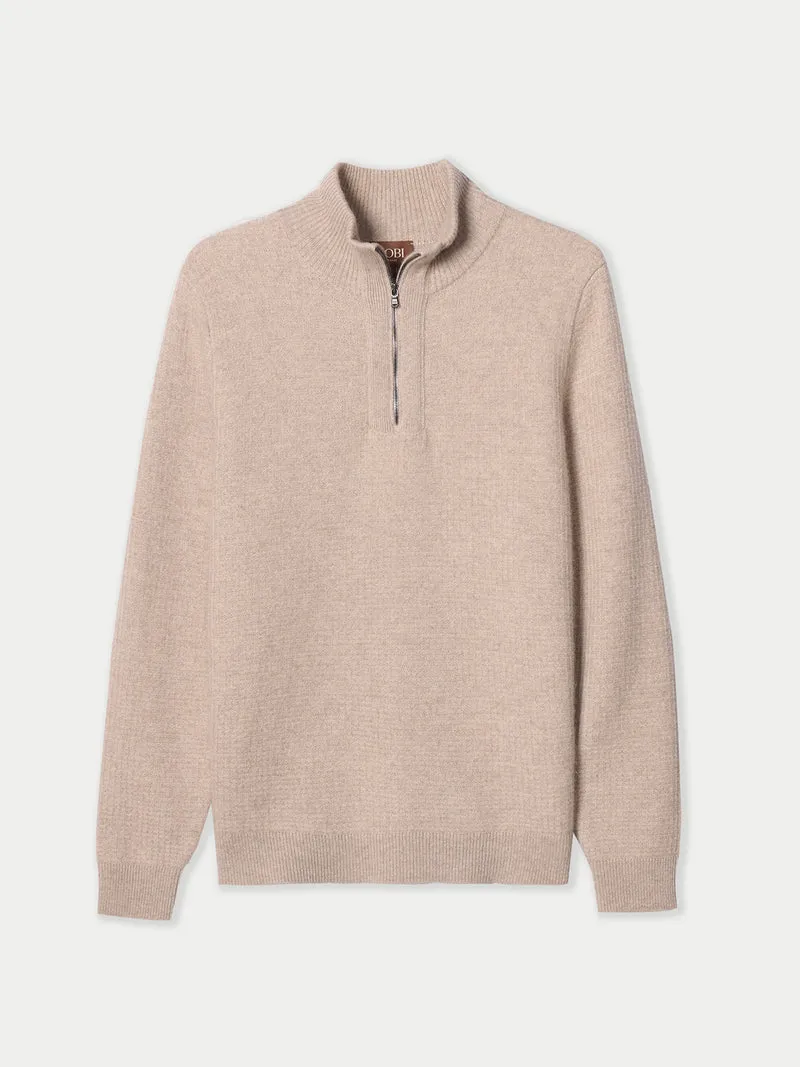 Herren Kaschmir-Pullover im Waffelstrick mit halbem Reißverschluss