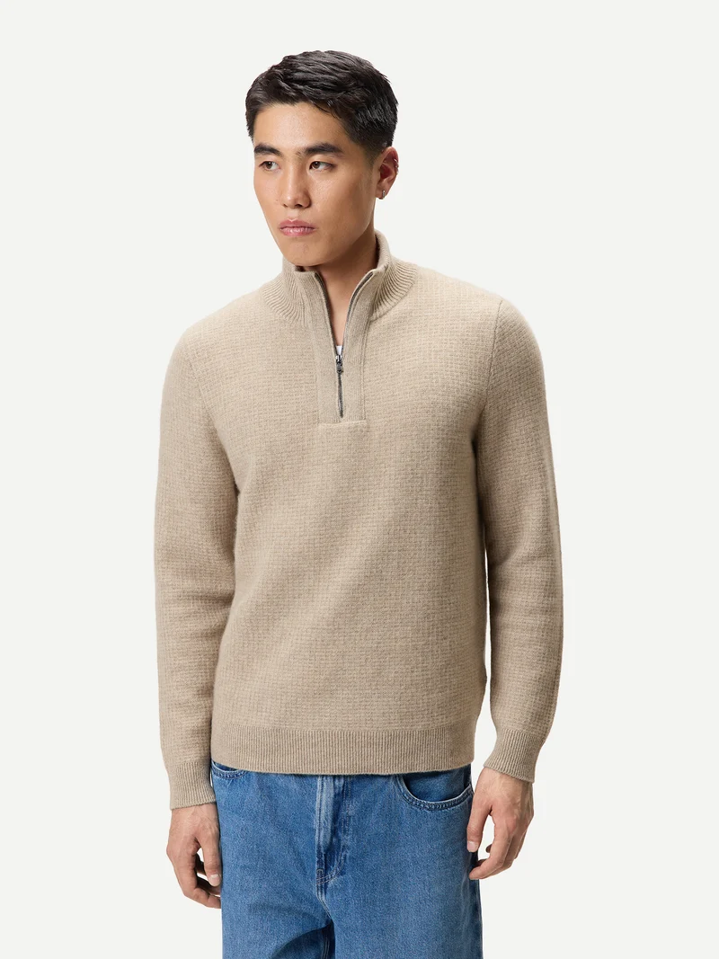Herren Kaschmir-Pullover im Waffelstrick mit halbem Reißverschluss
