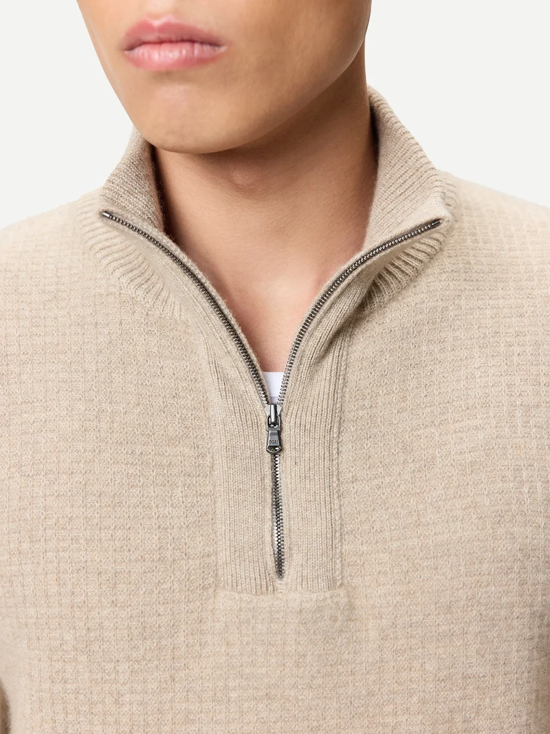 Herren Kaschmir-Pullover im Waffelstrick mit halbem Reißverschluss