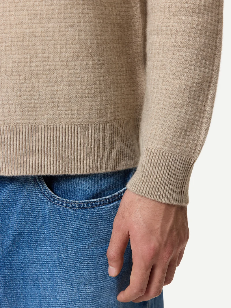Herren Kaschmir-Pullover im Waffelstrick mit halbem Reißverschluss