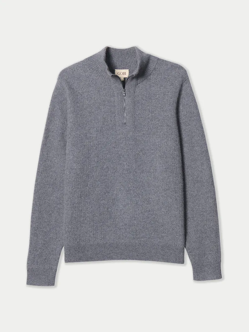 Herren Kaschmir-Pullover im Waffelstrick mit halbem Reißverschluss