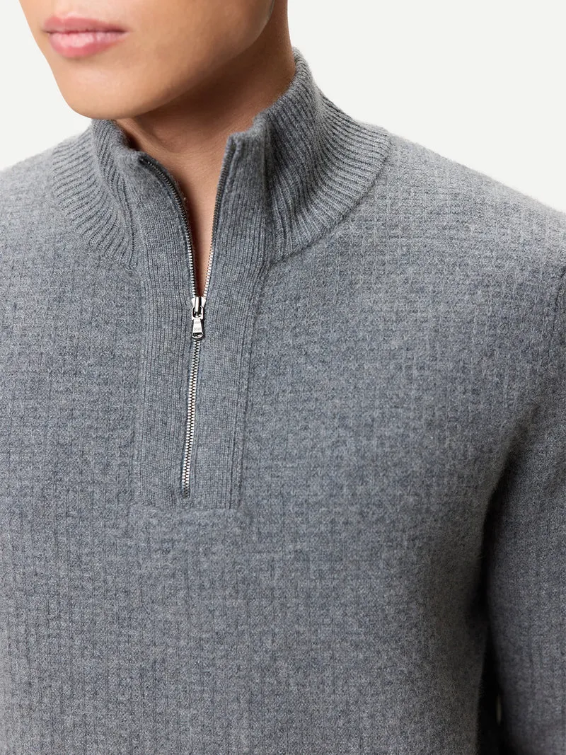 Herren Kaschmir-Pullover im Waffelstrick mit halbem Reißverschluss