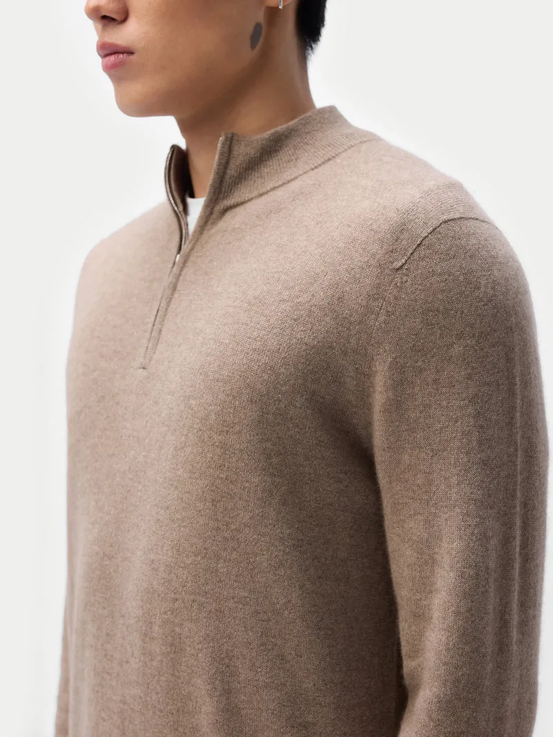 Naturfarbener Kaschmir-Pullover mit halbem Reißverschluss