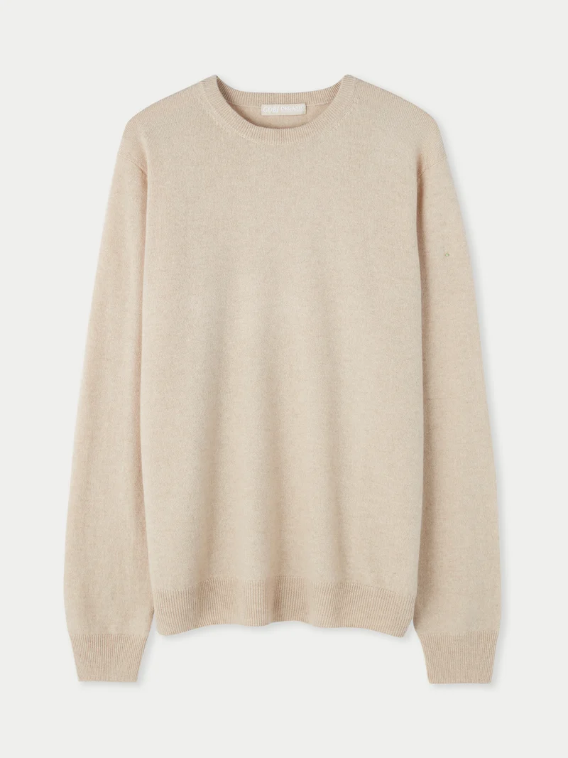 Naturfarbener Basic Kaschmirpullover mit R-Ausschnitt