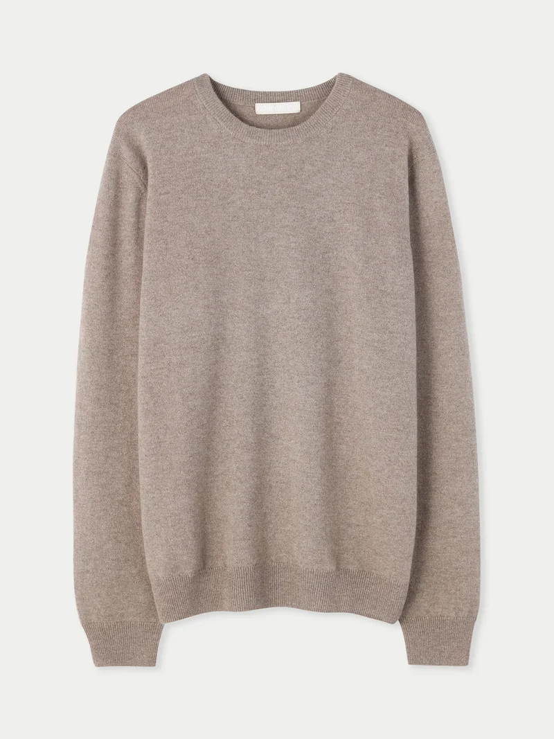 Naturfarbener Basic Kaschmirpullover mit R-Ausschnitt