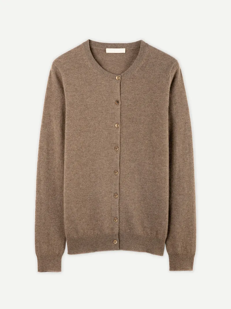 Naturfarbene Basic R-Ausschnitt Kaschmirstrickjacke