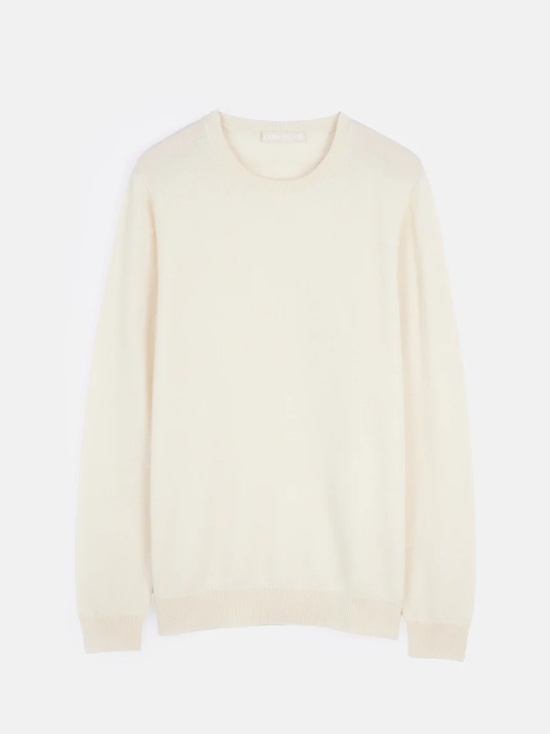 Naturfarbener Basic R-Ausschnitt Kaschmirpullover
