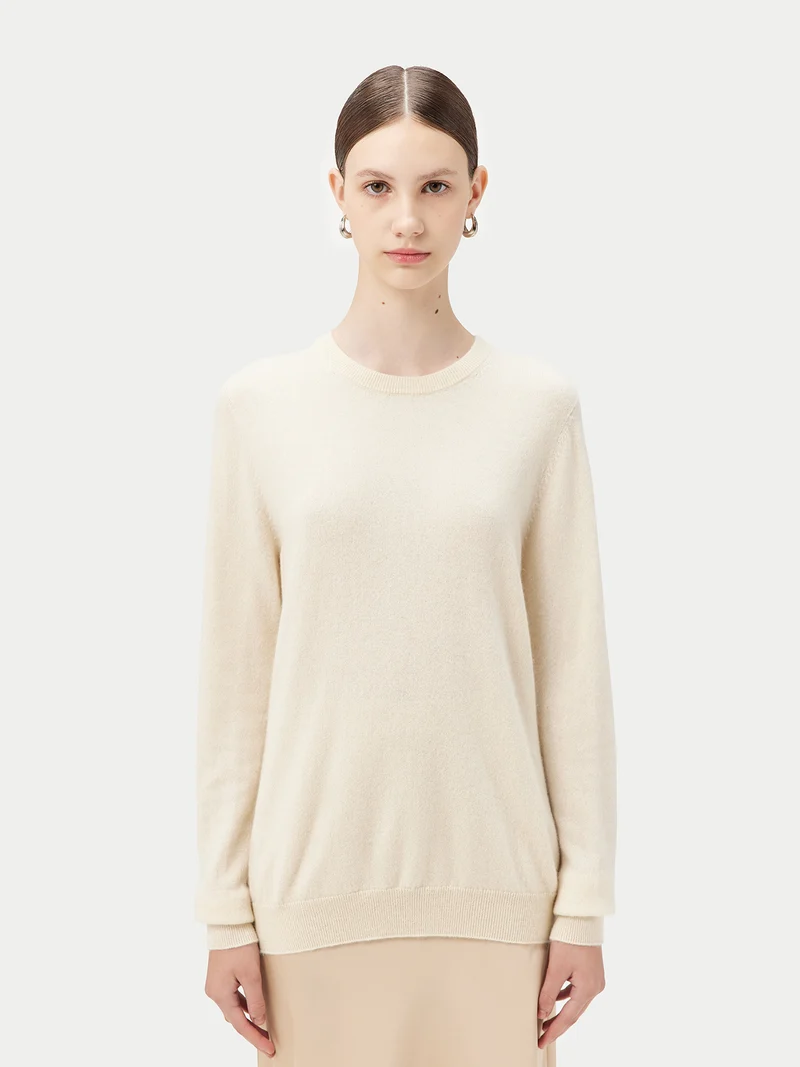 Naturfarbener Basic R-Ausschnitt Kaschmirpullover