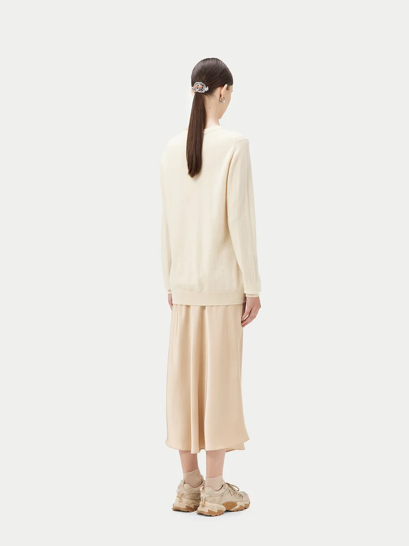 Naturfarbener Basic R-Ausschnitt Kaschmirpullover