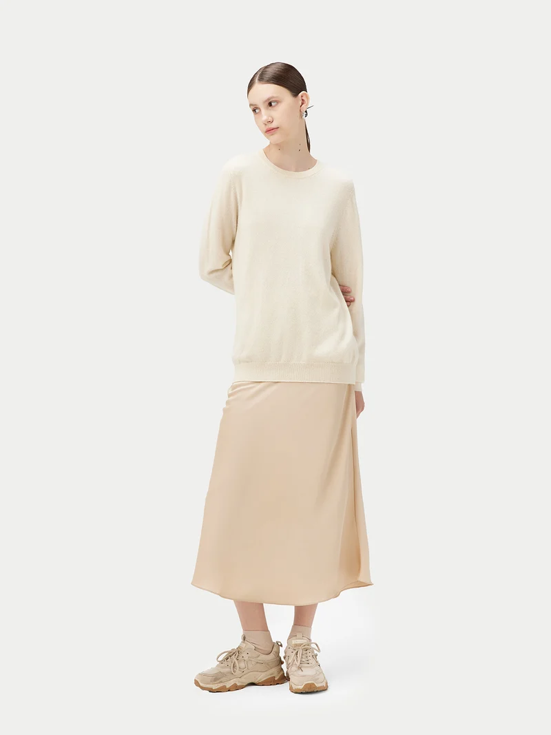 Naturfarbener Basic R-Ausschnitt Kaschmirpullover