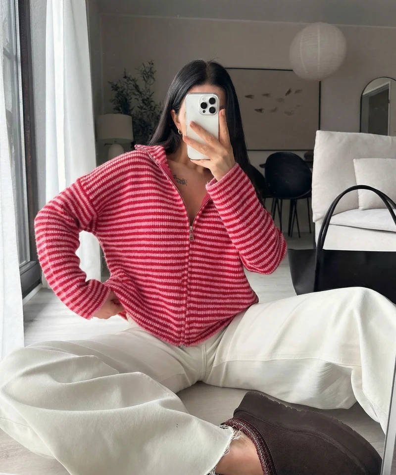 Zip Strickjacke Helena Streifen Rot Pink